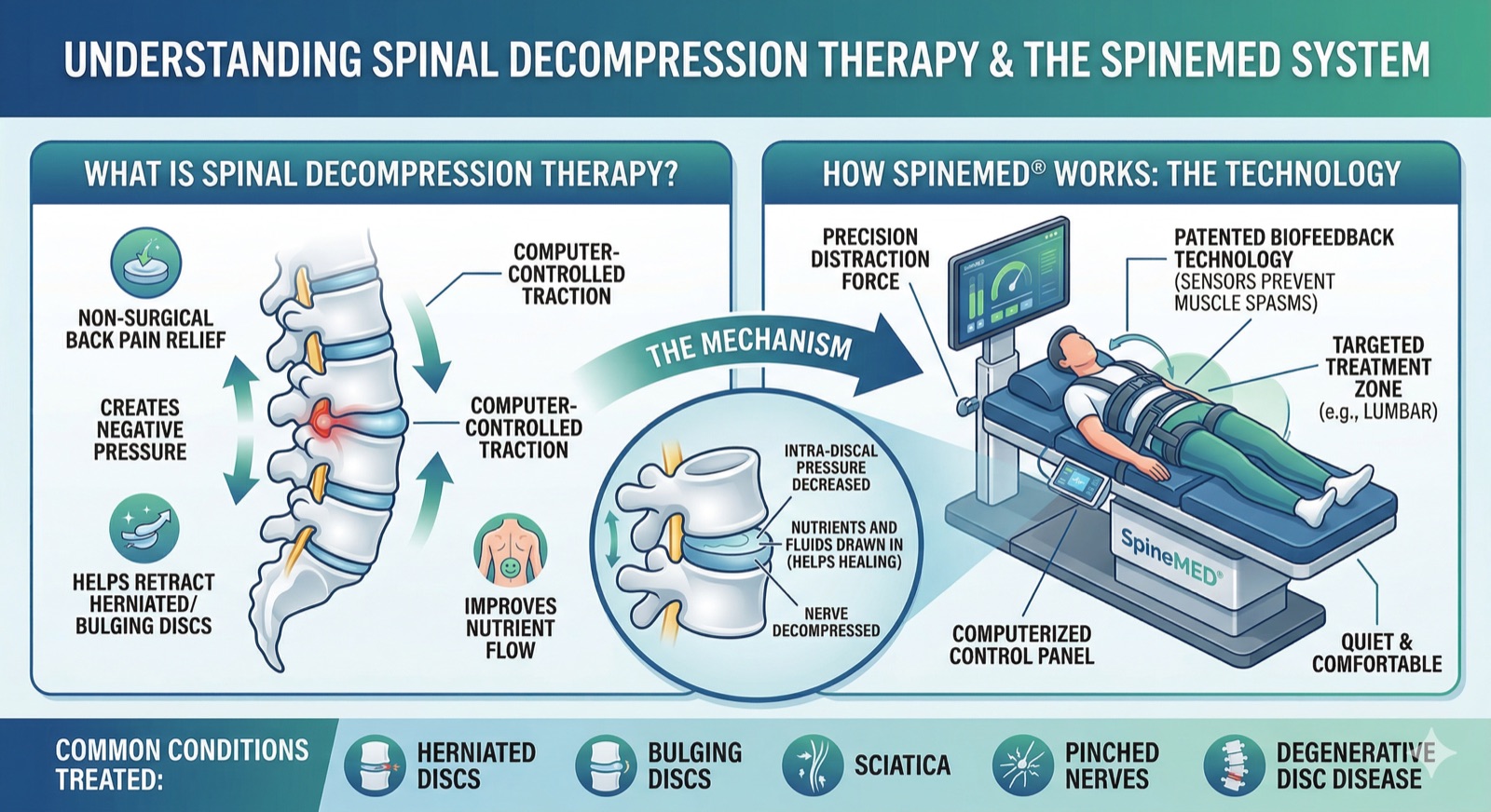 Infographic: understanding spinal decompression therapy and how the SpineMED system works — precision distraction force, biofeedback sensors, targeted treatment zone, and conditions treated including herniated discs, bulging discs, sciatica, pinched nerves, and degenerative disc disease